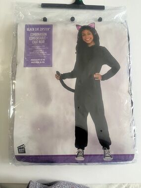 NEW BlackCat Kids zip Costume - jumpsuit, hood/ears removable tail med 8-10
